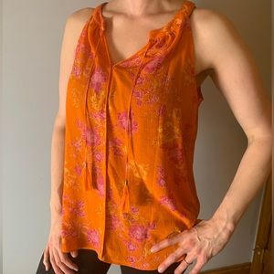Rose & Olive orange/pink floral sleeveless v neck blouse with tie. size L